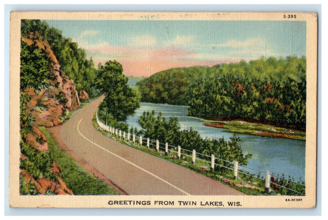 1942 Road and River Scene, Greetings from Twin Lakes Wisconsin WI Postcard