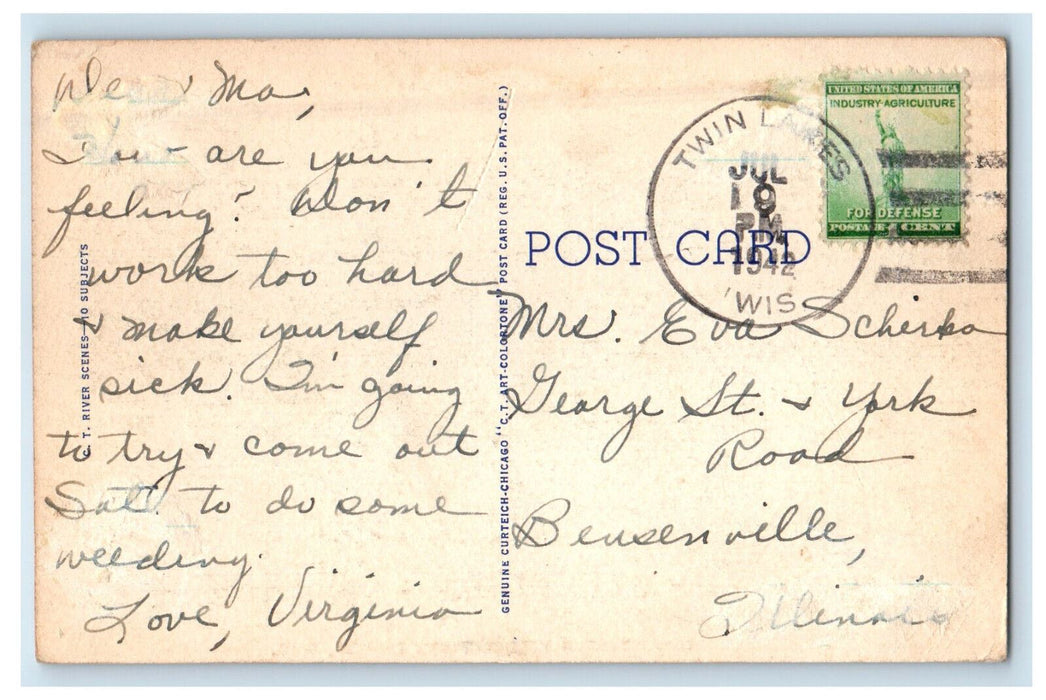 1942 Road and River Scene, Greetings from Twin Lakes Wisconsin WI Postcard