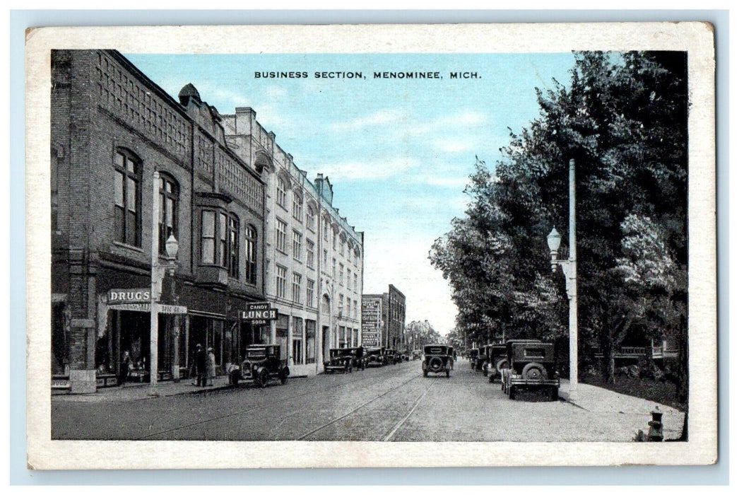 c1930's Business Section Drugs Store Candy Lunch Soda Menominee MI Postcard