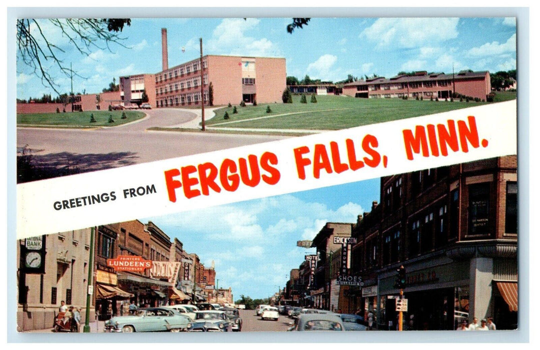 Greetings From Fergus Falls MN, Roosevelt High School Lincoln St Banner Postcard