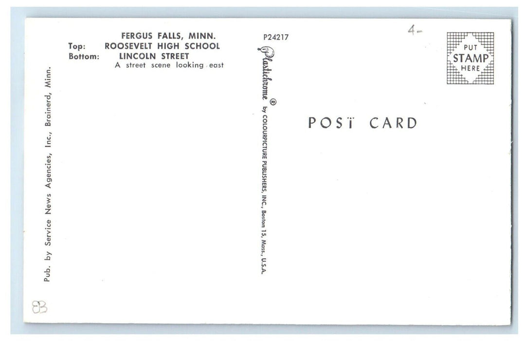 Greetings From Fergus Falls MN, Roosevelt High School Lincoln St Banner Postcard