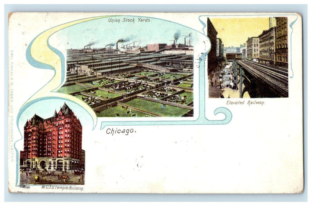 1904 Chicago IL, Union Stock Yards Elevated Railway Temple Building Postcard