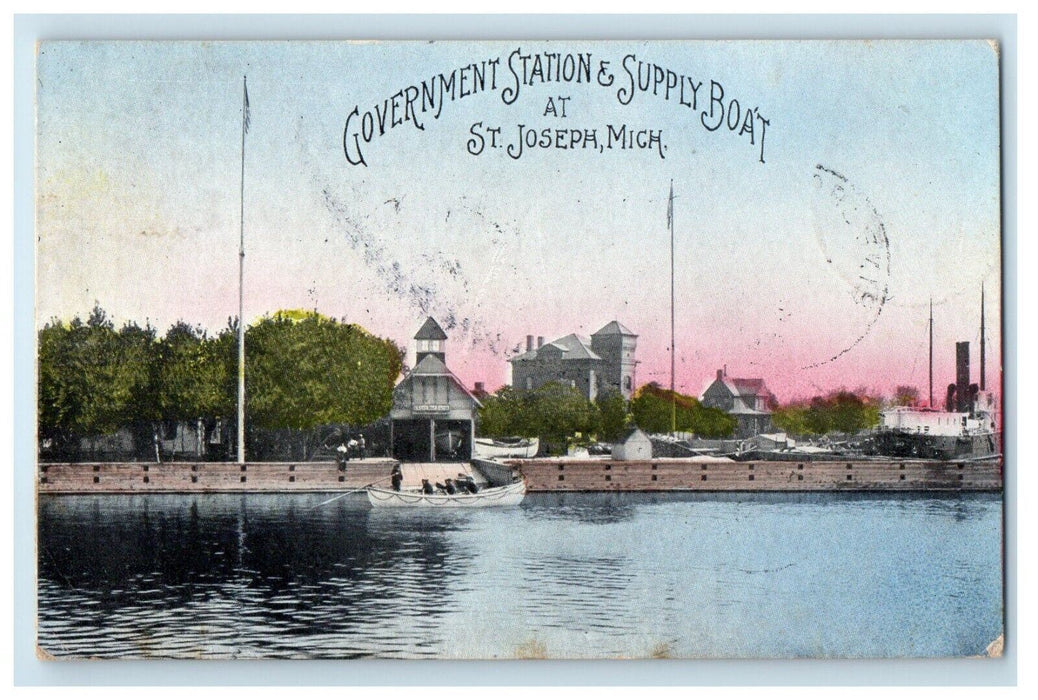 1908 Government Station & Supply Boat St. Joseph Michigan MI Antique Postcard