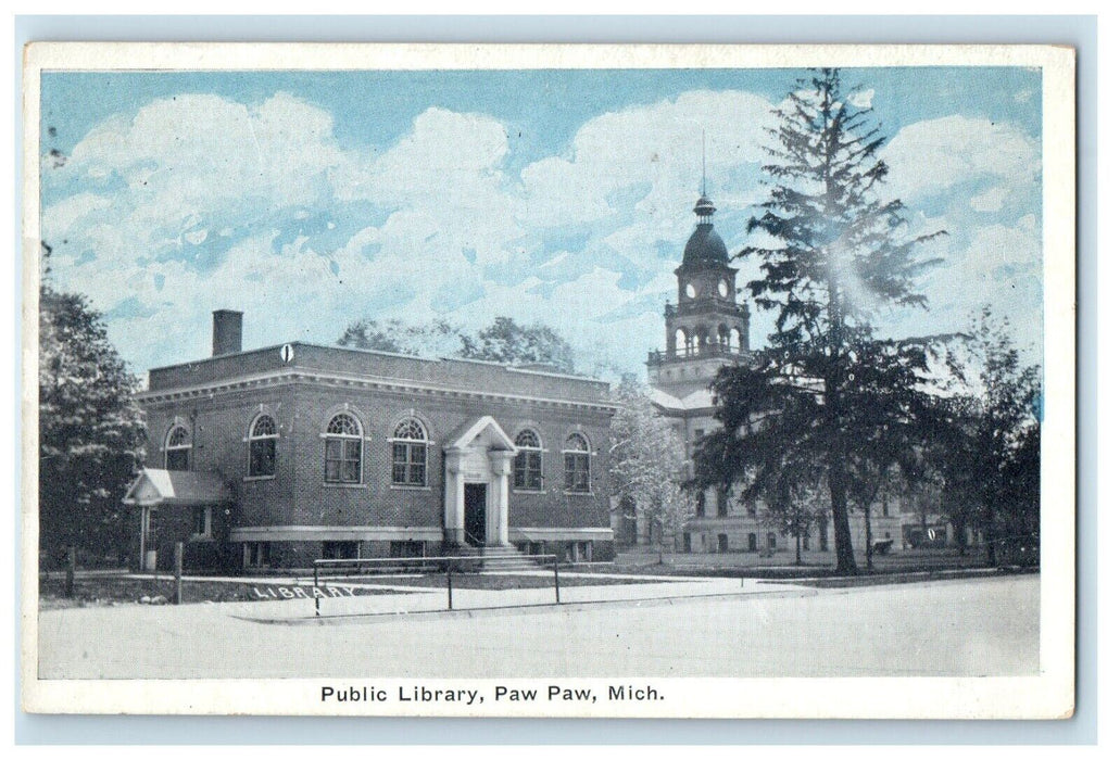 Public Library Building Street View Paw Paw Michigan MI Vintage Postcard