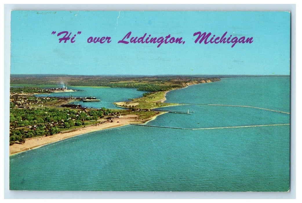 1965 Hi Over Ludington MI, Aerial View Of Car Ferries In The Harbor Postcard