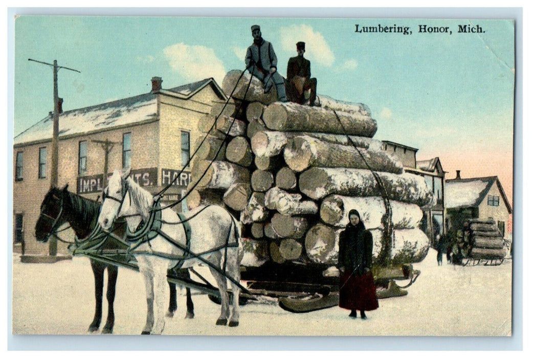 c1910's Lumbering Honor Michigan MI, Horse Wagon Lumber Antique Postcard