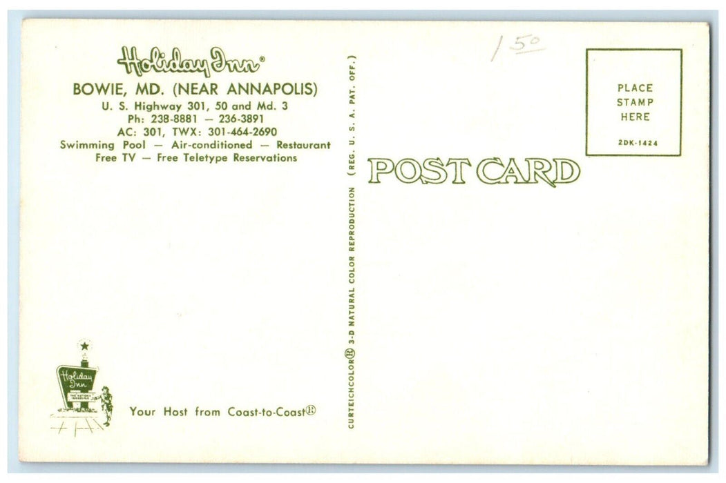 c1960s Holiday Inn Bowie MD Near Annapolis Road Maryland Vintage Postcard