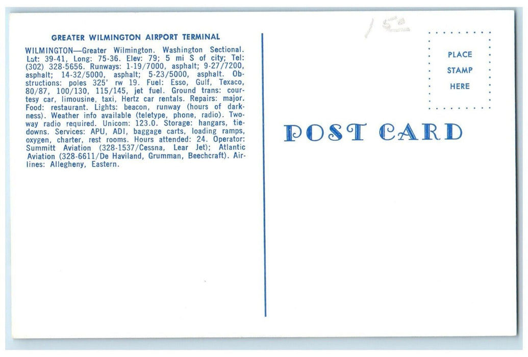 c1960s Greater Wilmington Airport Terminal Wilmington Delaware DEL Postcard