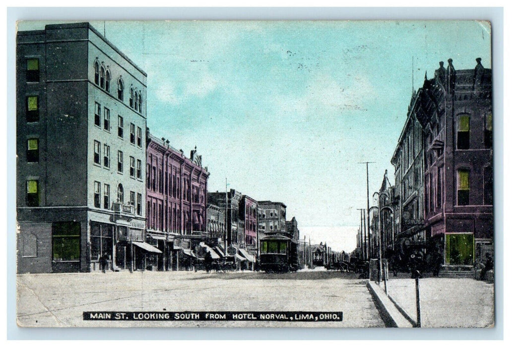 1911 Main St. Looking South From Hotel Norval Trolley Lima Ohio OH Postcard