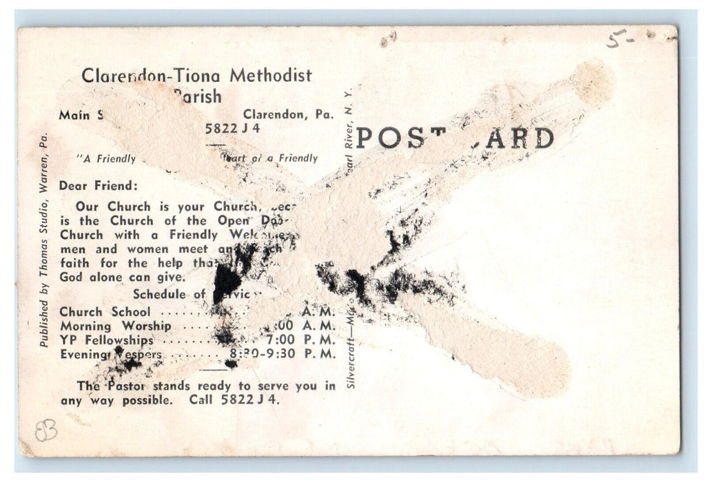 Clarendon Tiona Methodist Parish Advertising Clarendon Pennsylvania PA Postcard