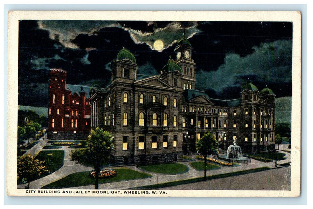 c1920 City Building and Jail By Moonlight Wheeling West Virginia WV Postcard