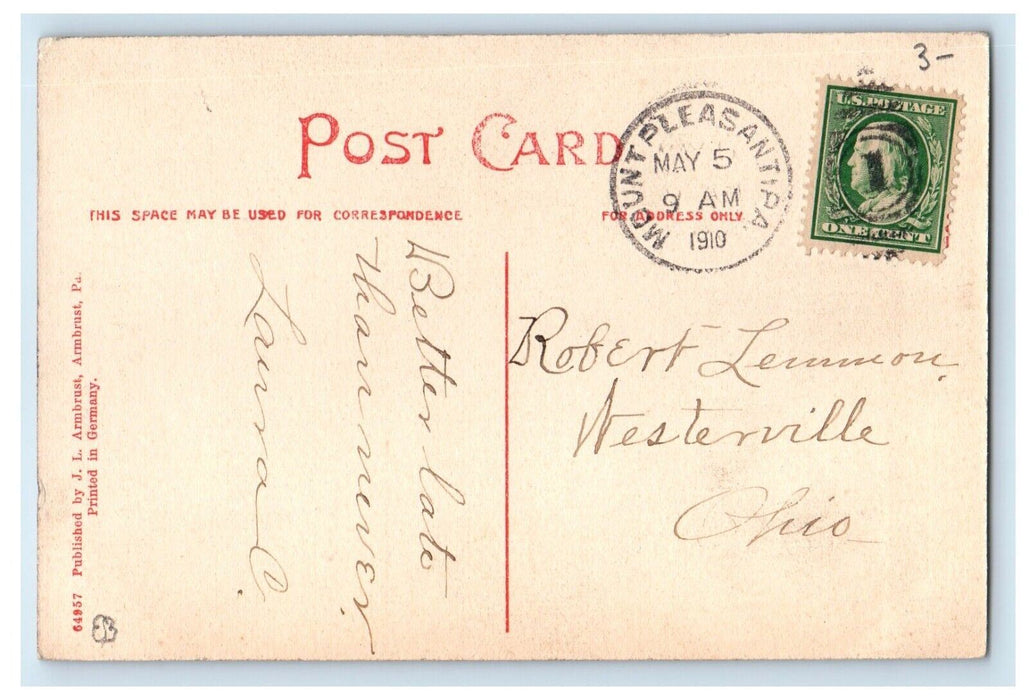 1910 First Baptist Church Mt. Pleasant Pennsylvania PA Posted Antique Postcard