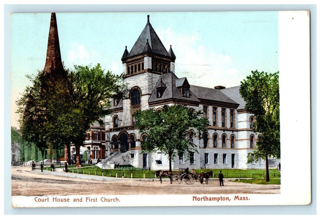 1908 Court House And First Church Northampton Massachusetts MA Antique Postcard