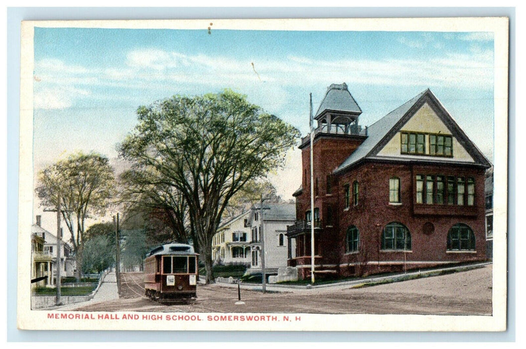 c1910's Memorial Hall And High School Trolley Somersworth NH Antique Postcard