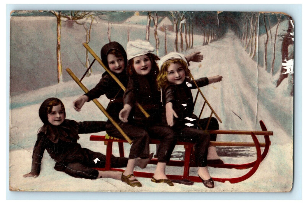 Girls Riding Sled Chicago Illinois 1911 Gel Antique Sledding Postcard