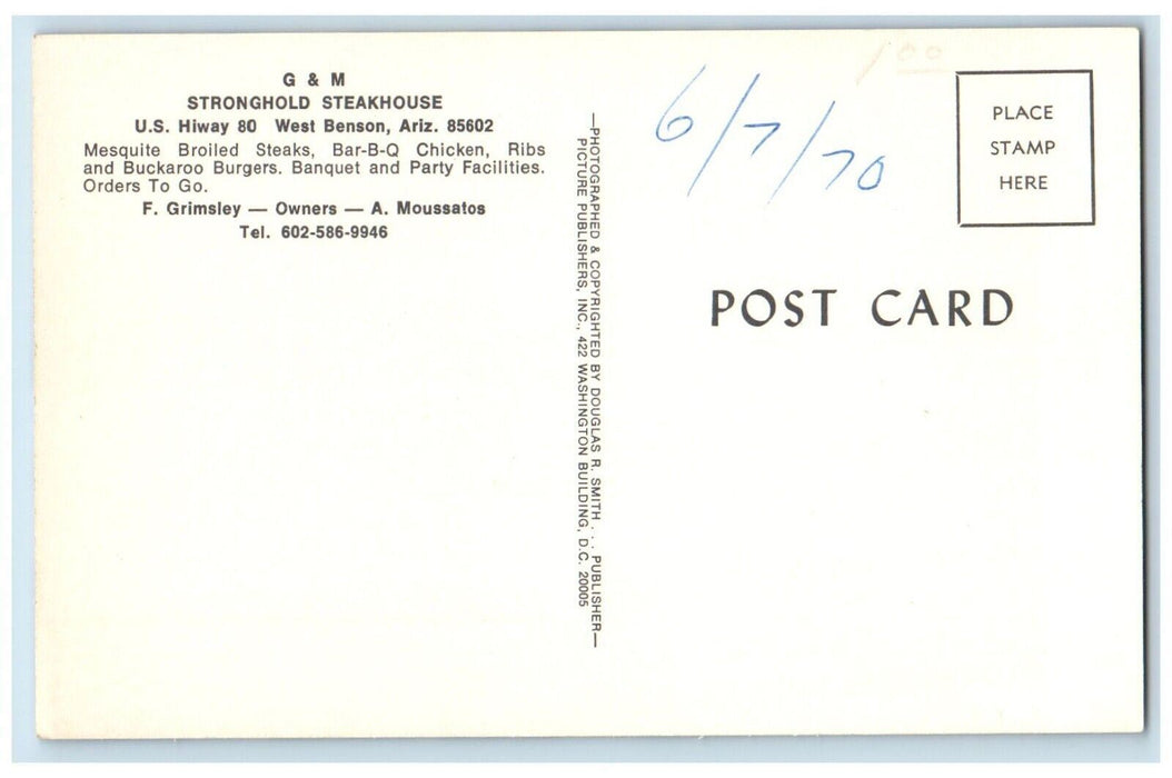 c1960s Dining Parking Lot Stronghold Steakhouse West Benson Arizona AZ Postcard