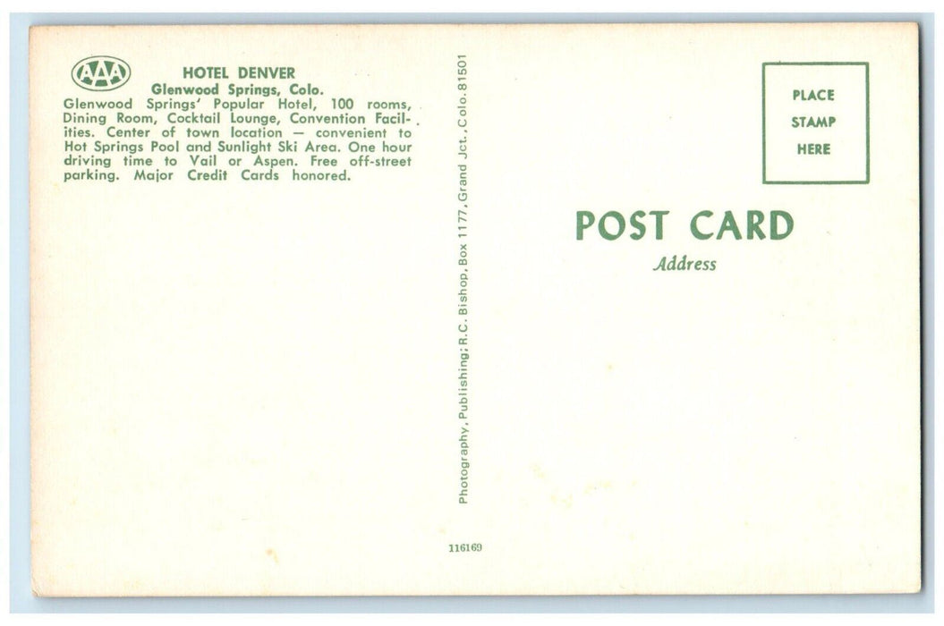c1960s Hotel Denver Building Night View Glenwood Springs Colorado CO Postcard