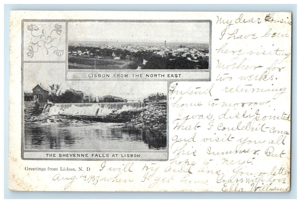1907 Greetings From Lisbon ND, Lisbon From North East & Sheyenne Falls Postcard