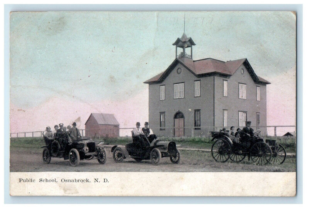 1910 Public School Building Cars Osnabrock North Dakota ND Antique Postcard