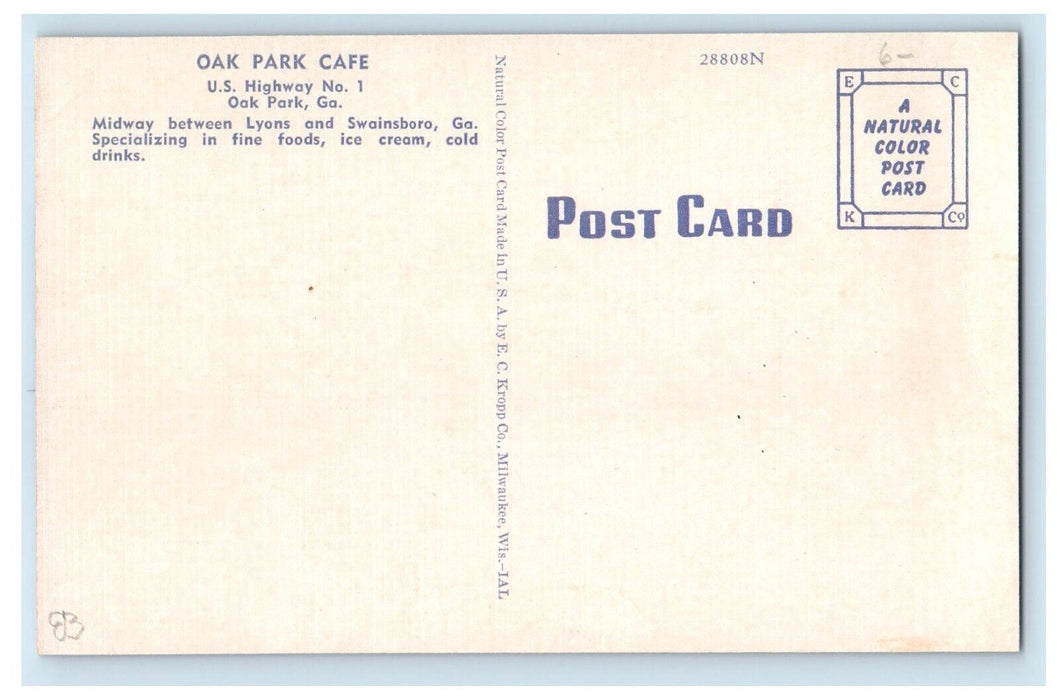 c1950's Oak Park Cafe U. S. Highway No. 1 Cars Oak Park Georgia GA Postcard