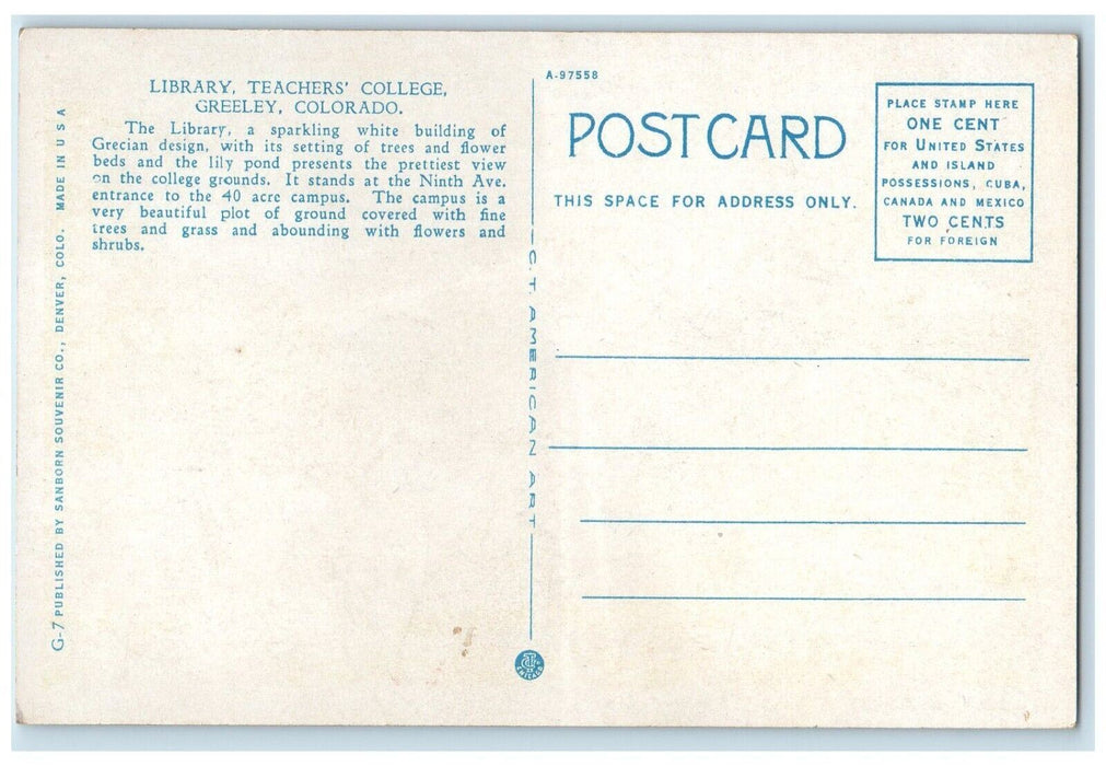 c1960s Library Teachers College Building Fountain Greeley Colorado CO Postcard