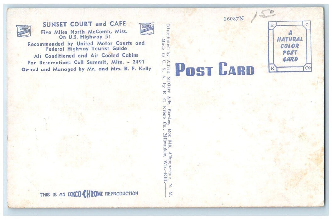 c1960s Roadside Sunset Court Cafe Exterior View McComb Mississippi MS Postcard