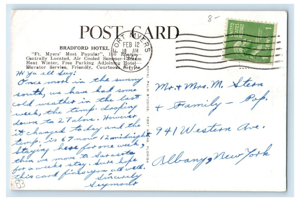 1947 Bradford Hotel Building Cars Street View Fort Myers Florida FL Postcard