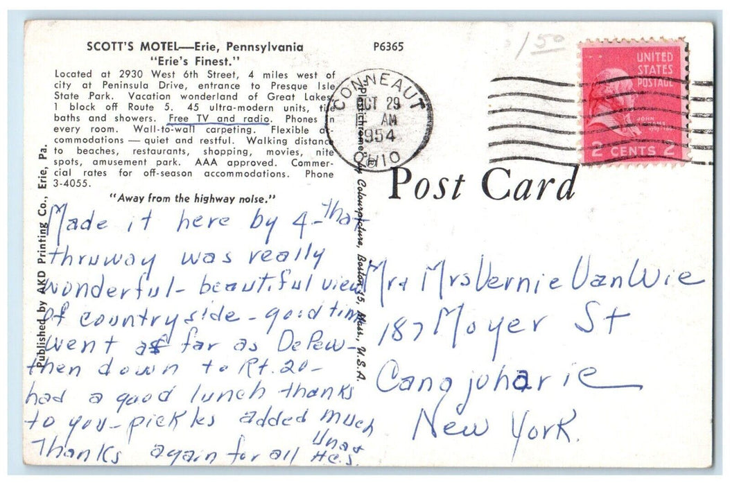 c1960s Erie Finest Scott Motel Exterior Roadside  Erie Pennsylvania PA Postcard