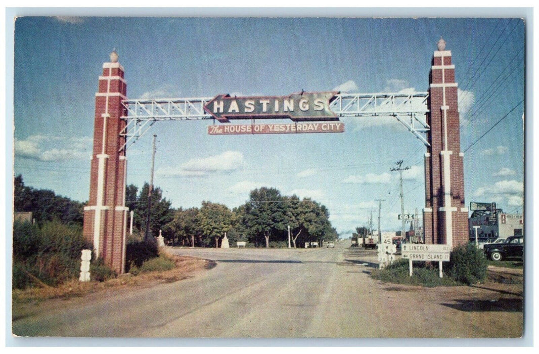 c1960s Welcome Arch Road Highway Entering City of Hastings Nebraska NE Postcard