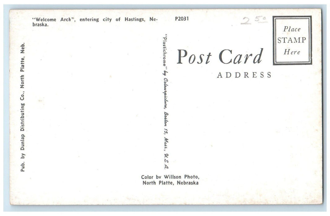 c1960s Welcome Arch Road Highway Entering City of Hastings Nebraska NE Postcard