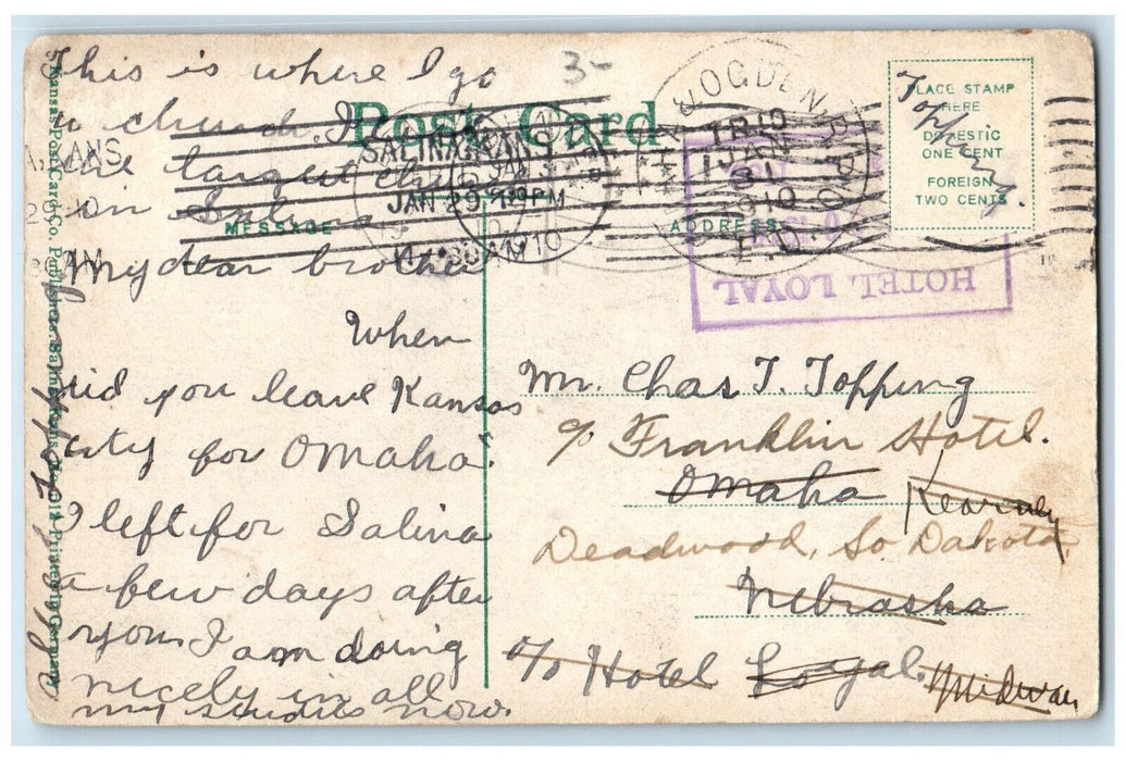 1910 Interior Christs Cathedral Salinas Kansas KS Antique Posted RPO Postcard