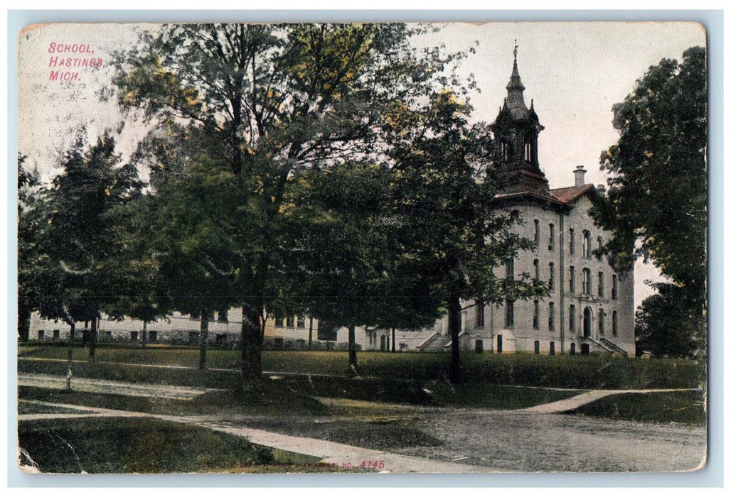 c1910 Trees Growing in School Hastings Michigan MI Antique Posted Postcard