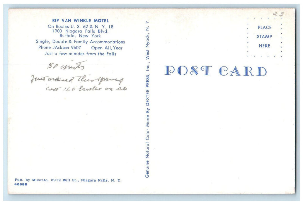 c1950's Rip Van Winkle Motel Niagara Falls Blvd. Buffalo NY Postcard