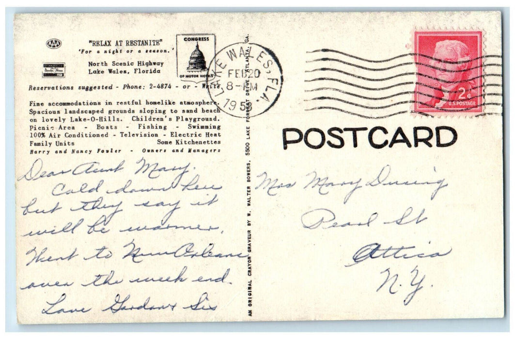 1958 Restanite Motel North Scenic Highway Lake Wales Florida FL Postcard