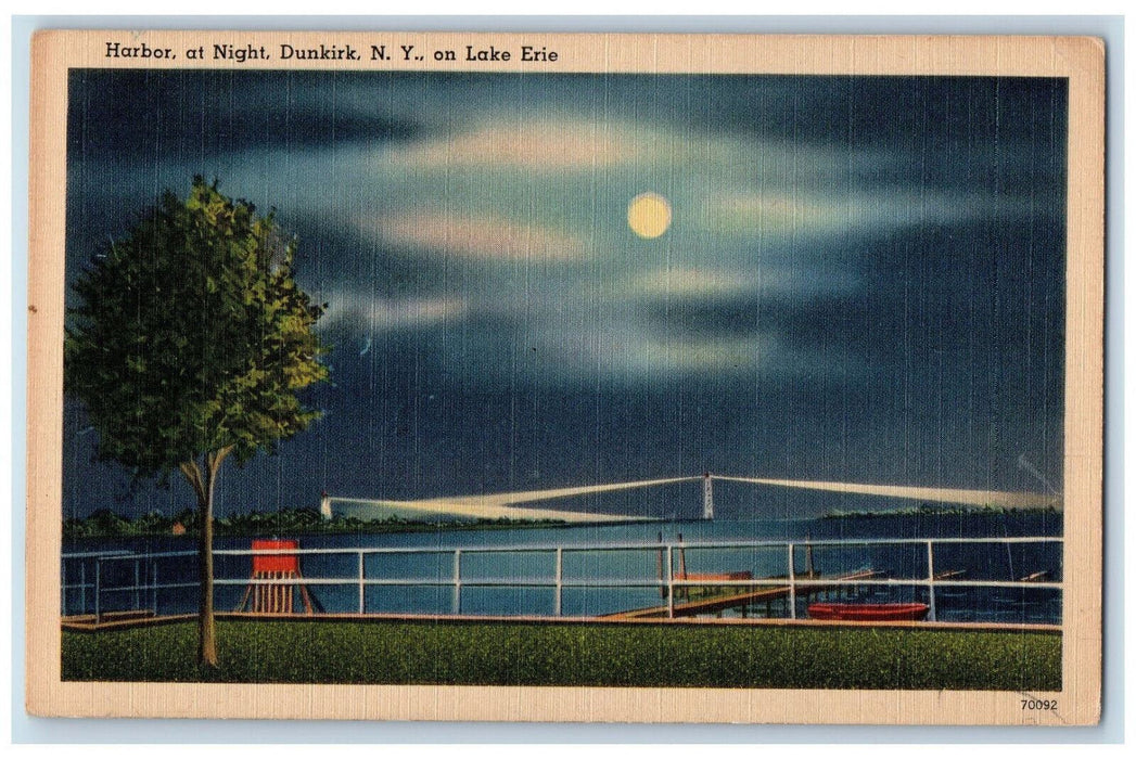 c1940's Boat Scene Harbor at Moonlight on Lake Erie Dunkirk New York NY Postcard