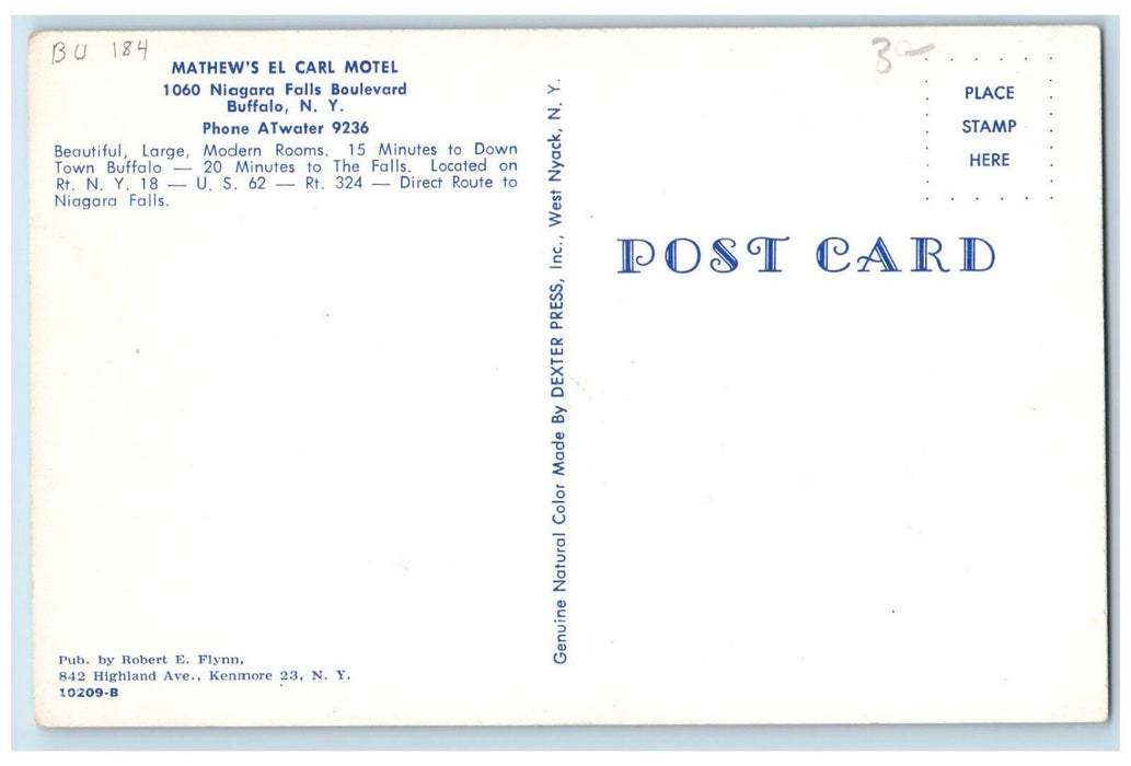 c1960's Mathew's  El Carl Motel Niagara Falls Blvd. Buffalo NY Postcard