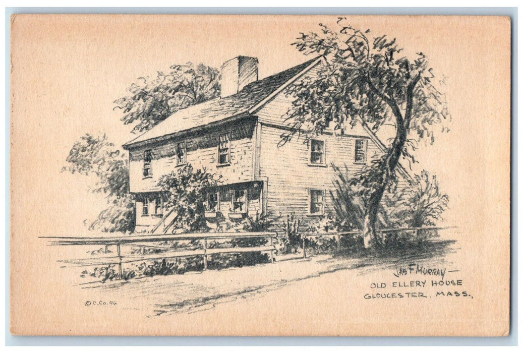 c1910 Jas F Murray Sketch, Old Ellery House Gloucester Massachusetts MA Postcard