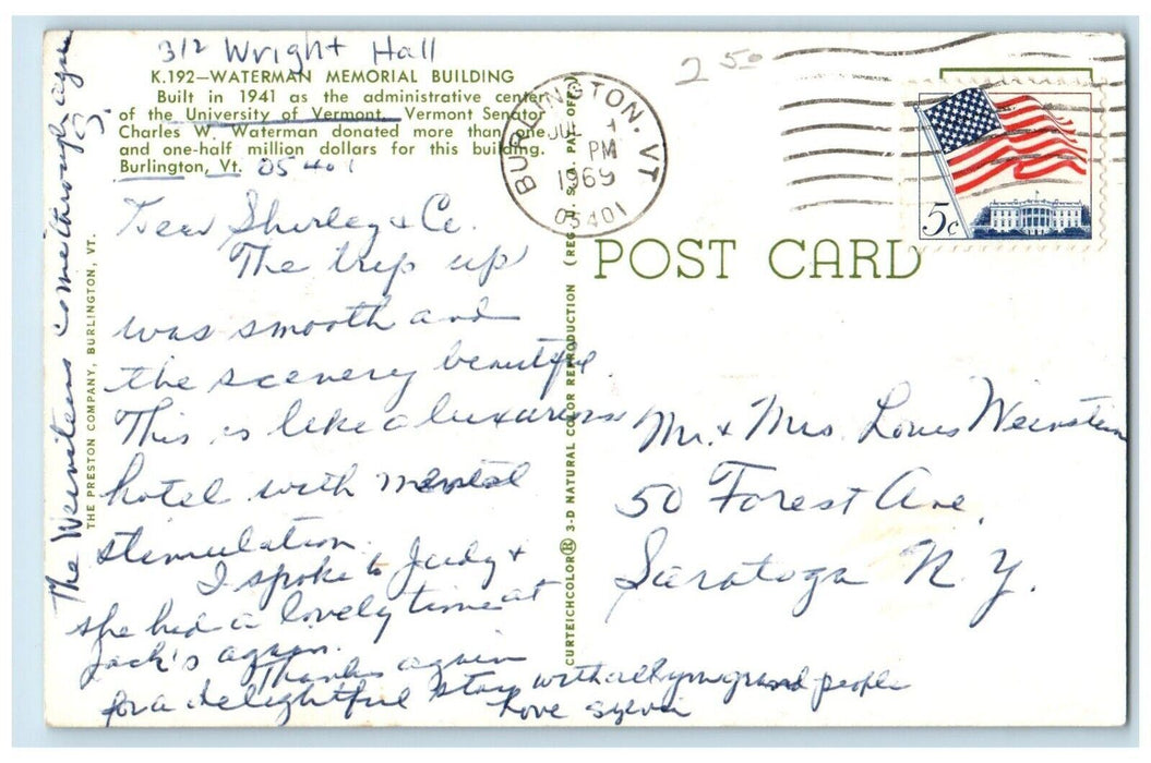 c1960s - Waterman Memorial Building Park Fountain Burlington Vermont VT Postcard