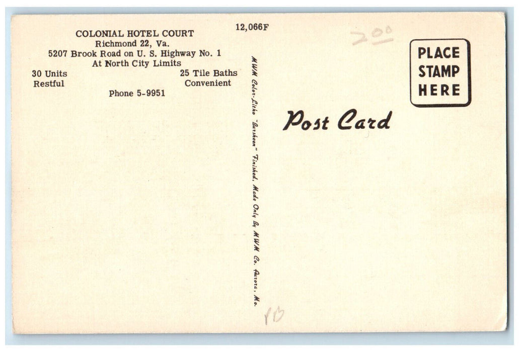 c1940's Colonial Hotel Court, at North City, Richmond Virginia VA Postcard