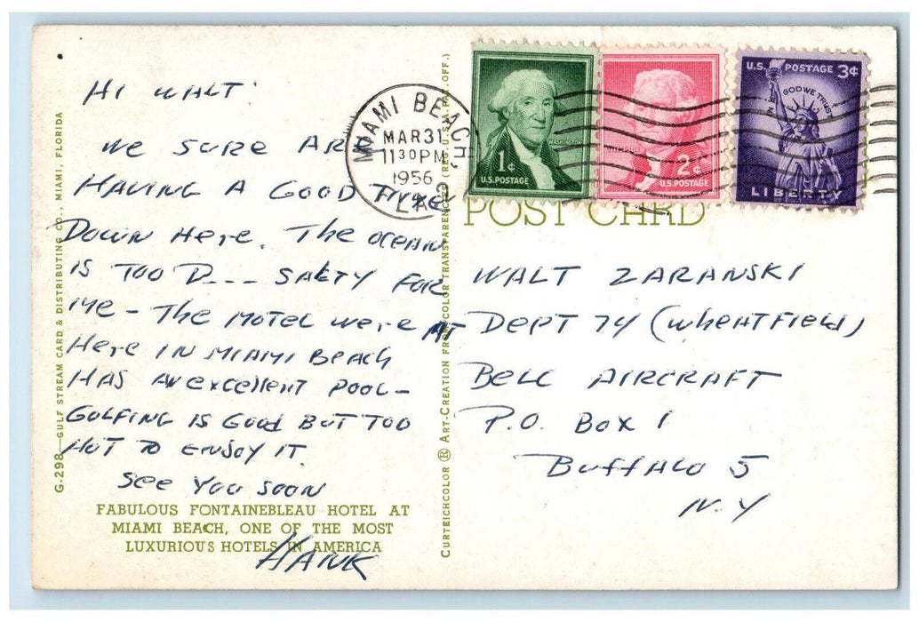1956 Luxurious and Fabulous Fontainbleau Hotel Miami Beach Florida FL Postcard