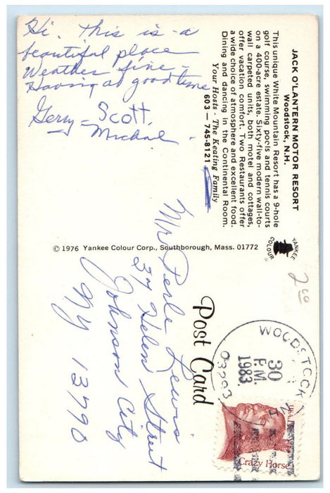 1983 Jack O'Lantern Motor Resort Woodstock New Hampshire NH Postcard