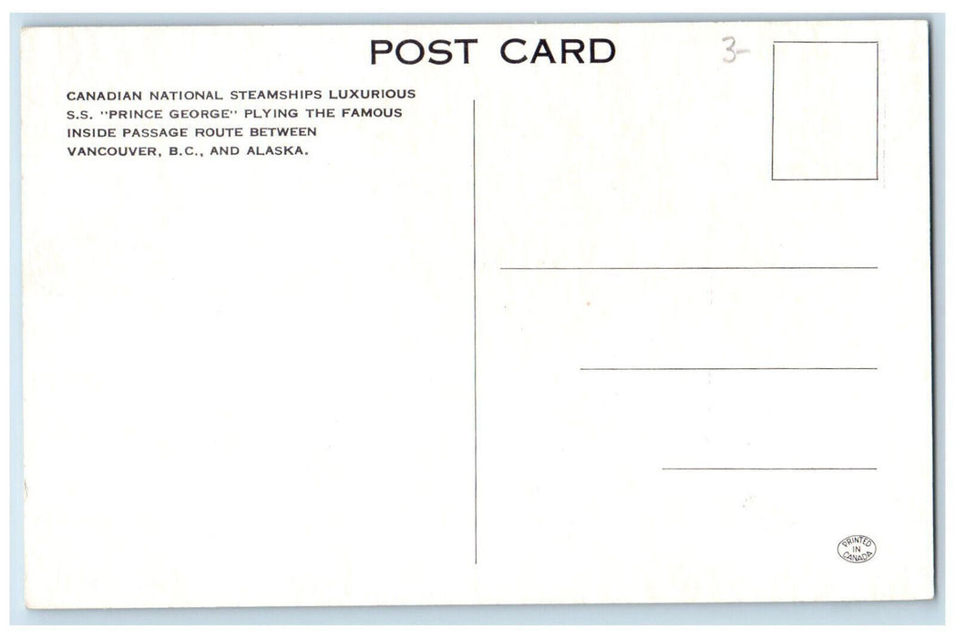 c1960's Canadian National SS Prince George Vancouver BC and Alaska Postcard