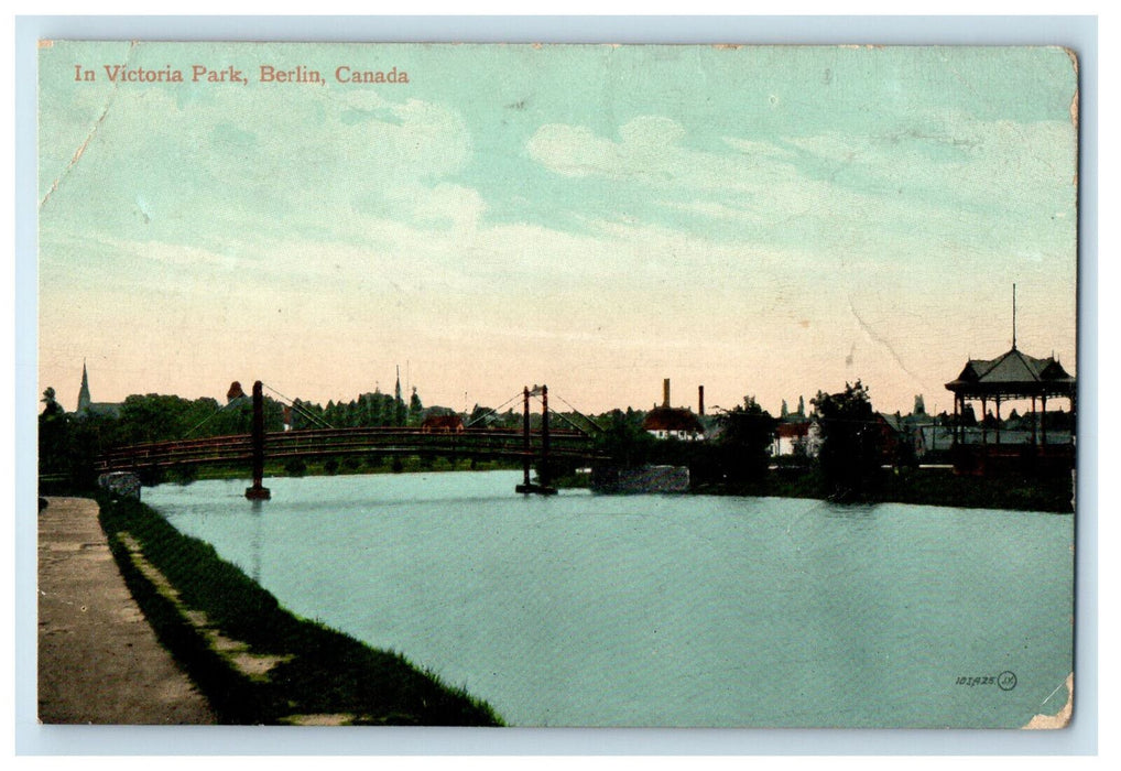c1910 In Victoria Park, Bridge, House, Bandstand Berlin Canada Postcard