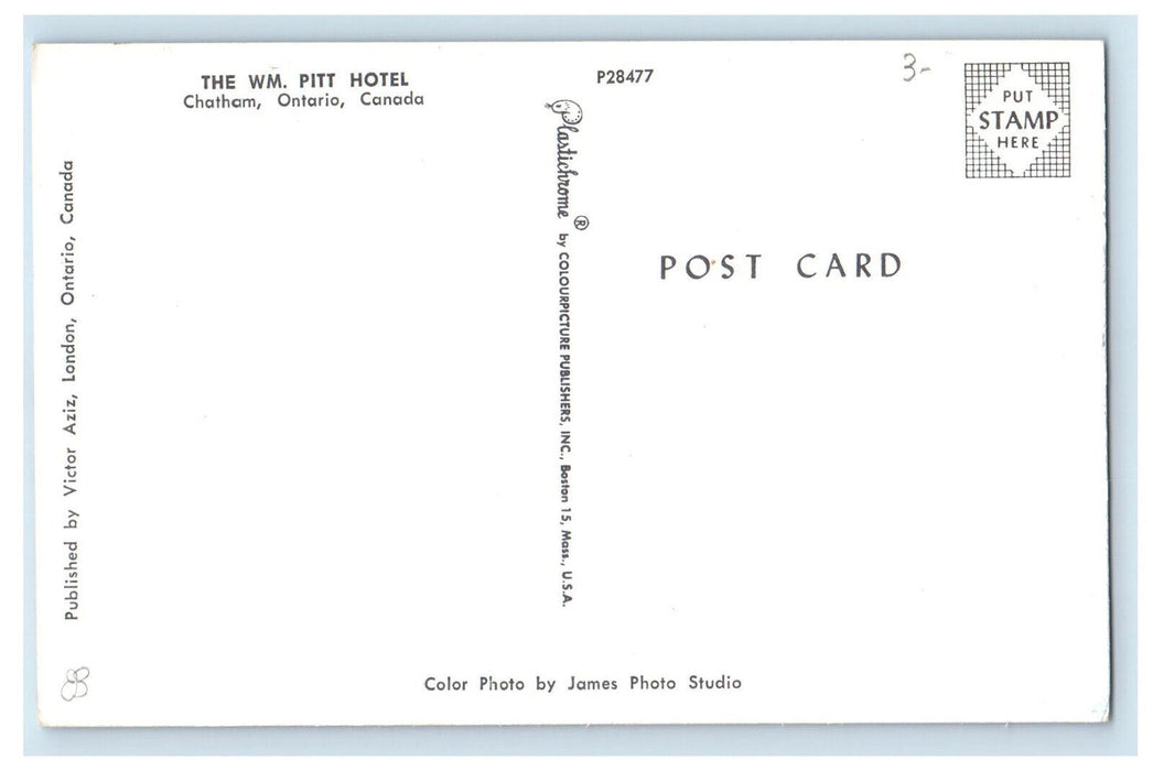 c1950's The WM. Pitt Hotel Chatham Ontario Canada Unposted Vintage Postcard
