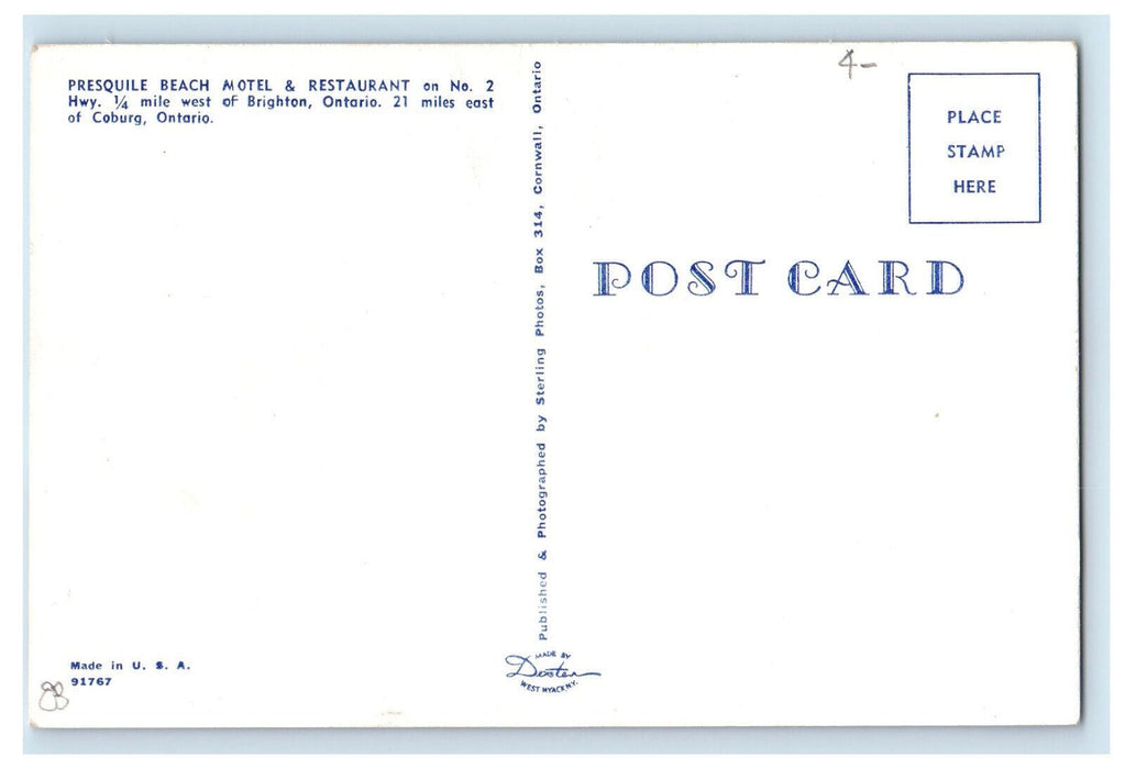 c1960's Presquile Beach Motel & Restaurant Brighton Ontario Canada Postcard