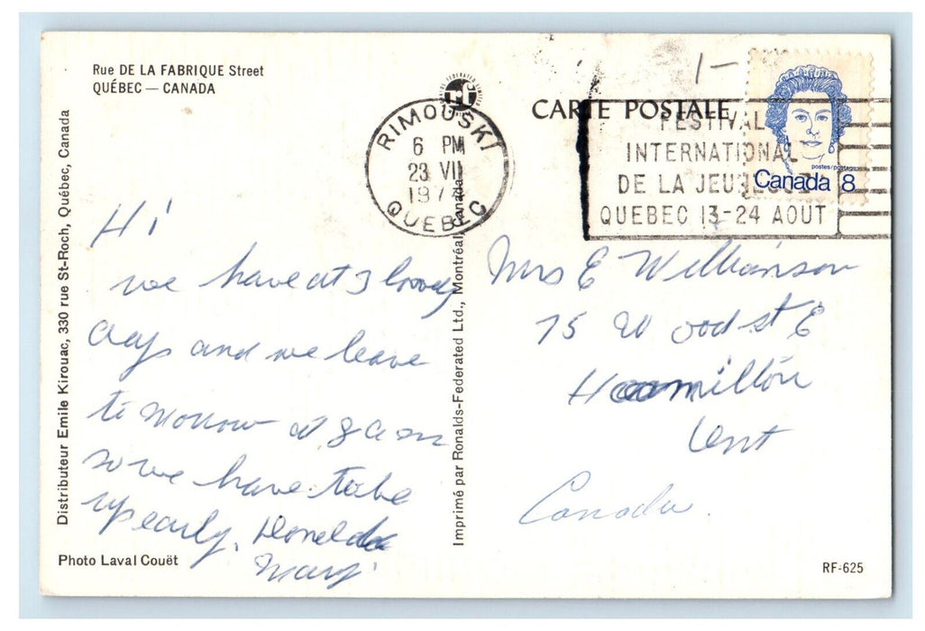1974 Business District, Road View, Rue De La Fabrique Street, Quebec Postcard