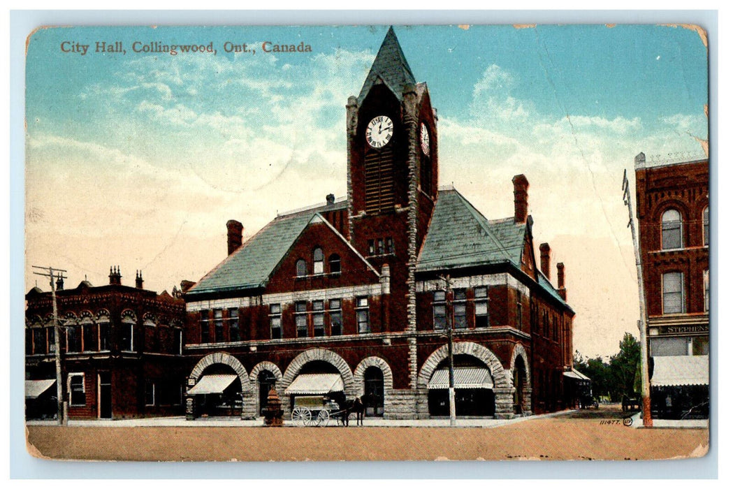 1921 Horse Carriage, Tower Clock at City Hall, Collingwood Canada Postcard