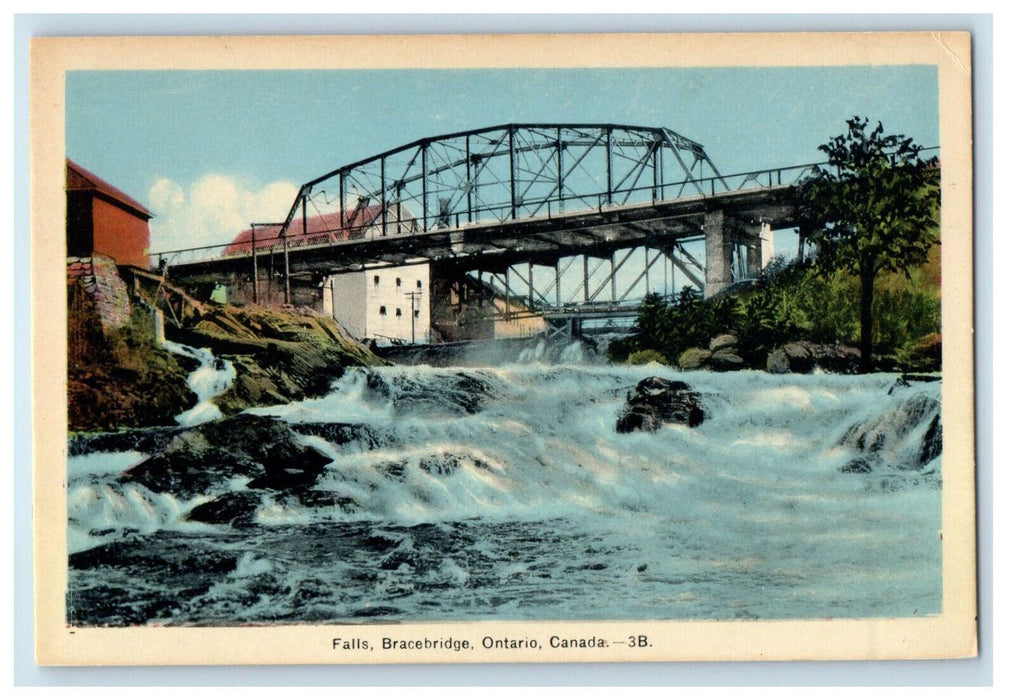 c1940's Bridge, Falls Bracebridge Ontario Canada Vintage Unposted Postcard