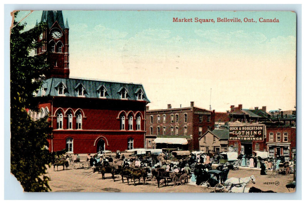 1913 Clothing Shop, Horse Carriage, Market Square Belleville Canada Postcard