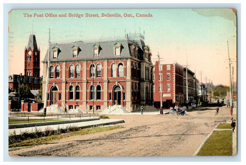 1913 The Post Office and Bridge Street, Belleville Ontario Canada Postcard